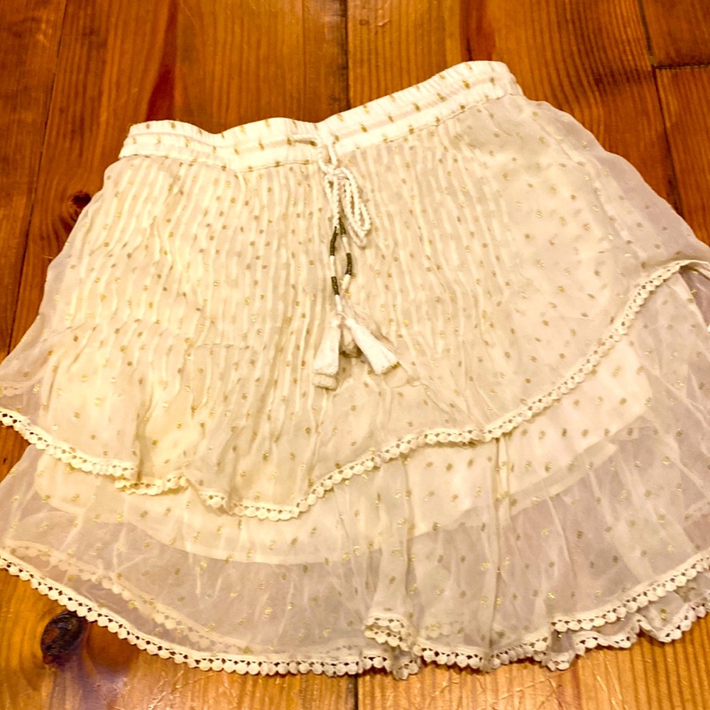 Anthropologie m Tryb layered mini skirt, gold metallic, tassel details, LIKE NEW